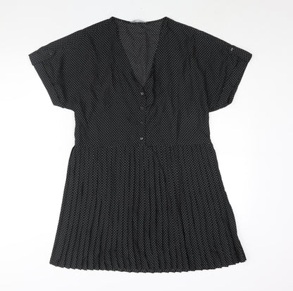 Zara Womens Black Polka Dot Polyester Shift Size M V-Neck Button - Pleated