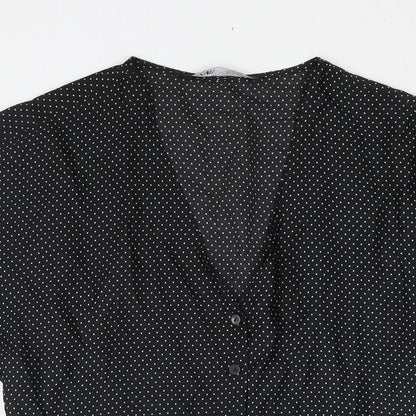 Zara Womens Black Polka Dot Polyester Shift Size M V-Neck Button - Pleated