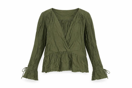 Front view of ASOS women’s green viscose basic blouse, size UK 8, v-neck - peplum tie cuff