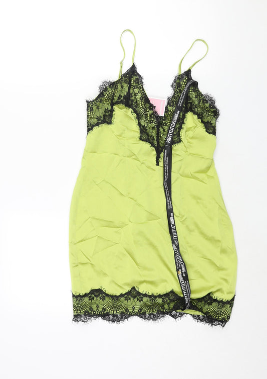 PRETTYLITTLETHING Womens Green Polyester Slip Dress Size 8 V-Neck Pullover - Lace Trim