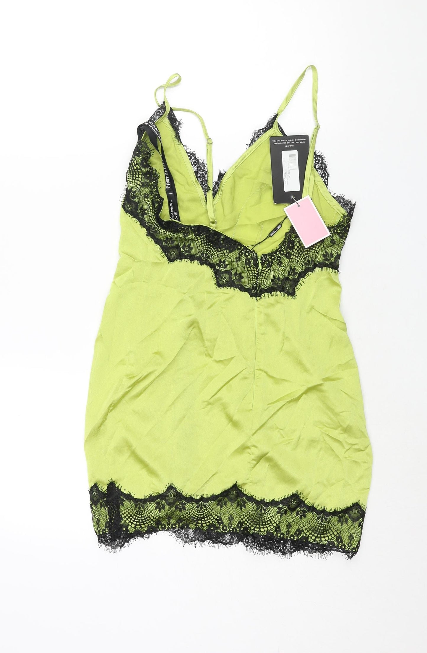 PRETTYLITTLETHING Womens Green Polyester Slip Dress Size 8 V-Neck Pullover - Lace Trim