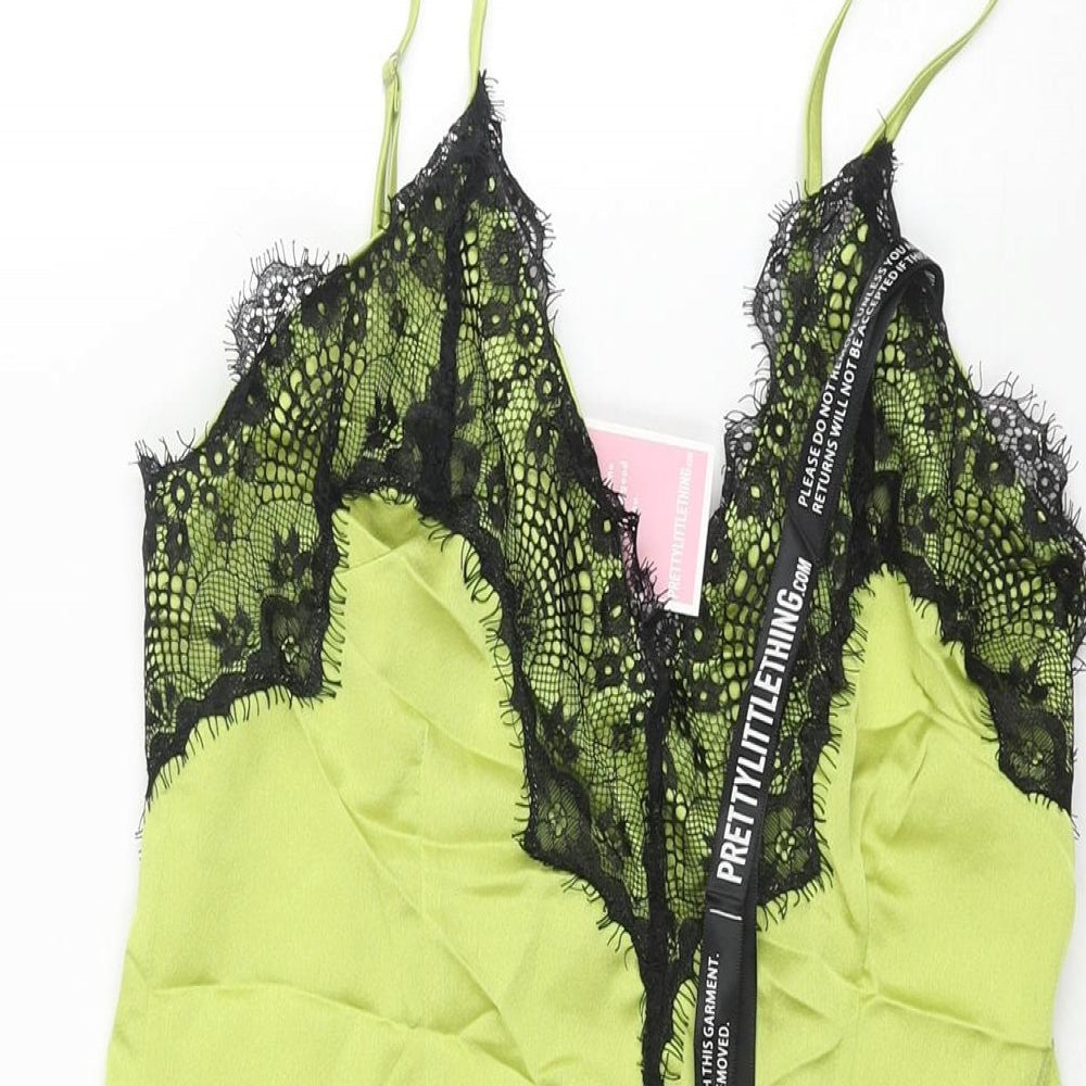 PRETTYLITTLETHING Womens Green Polyester Slip Dress Size 8 V-Neck Pullover - Lace Trim