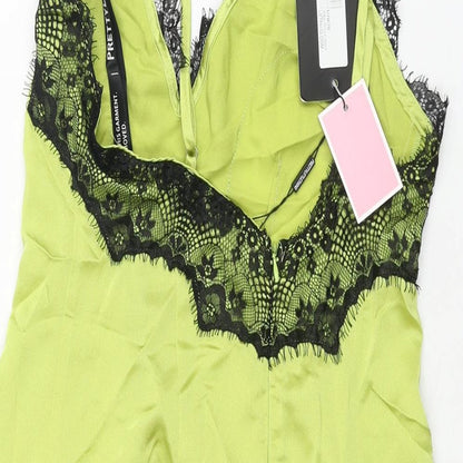 PRETTYLITTLETHING Womens Green Polyester Slip Dress Size 8 V-Neck Pullover - Lace Trim
