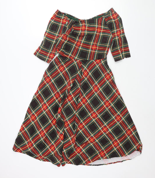 Jolie Moi Womens Multicoloured Check Cotton Fit & Flare Size 10 Boat Neck Zip