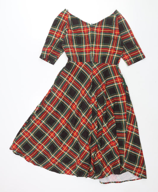 Jolie Moi Womens Multicoloured Check Cotton Fit & Flare Size 10 Boat Neck Zip