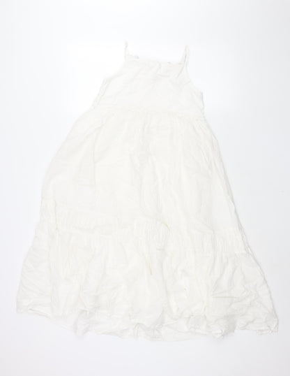 NEXT Girls White Cotton Shift Size 10 Years Square Neck Pullover - Pom Pom Embroidered