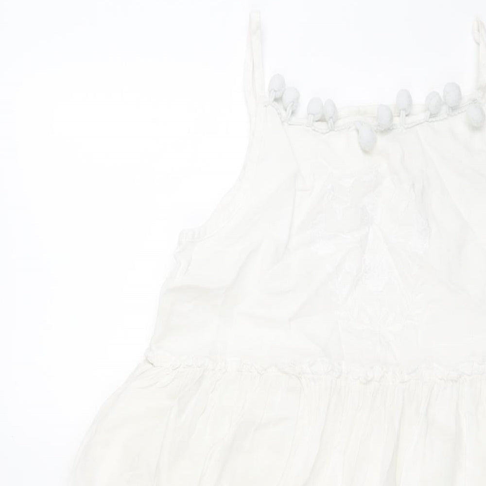 NEXT Girls White Cotton Shift Size 10 Years Square Neck Pullover - Pom Pom Embroidered