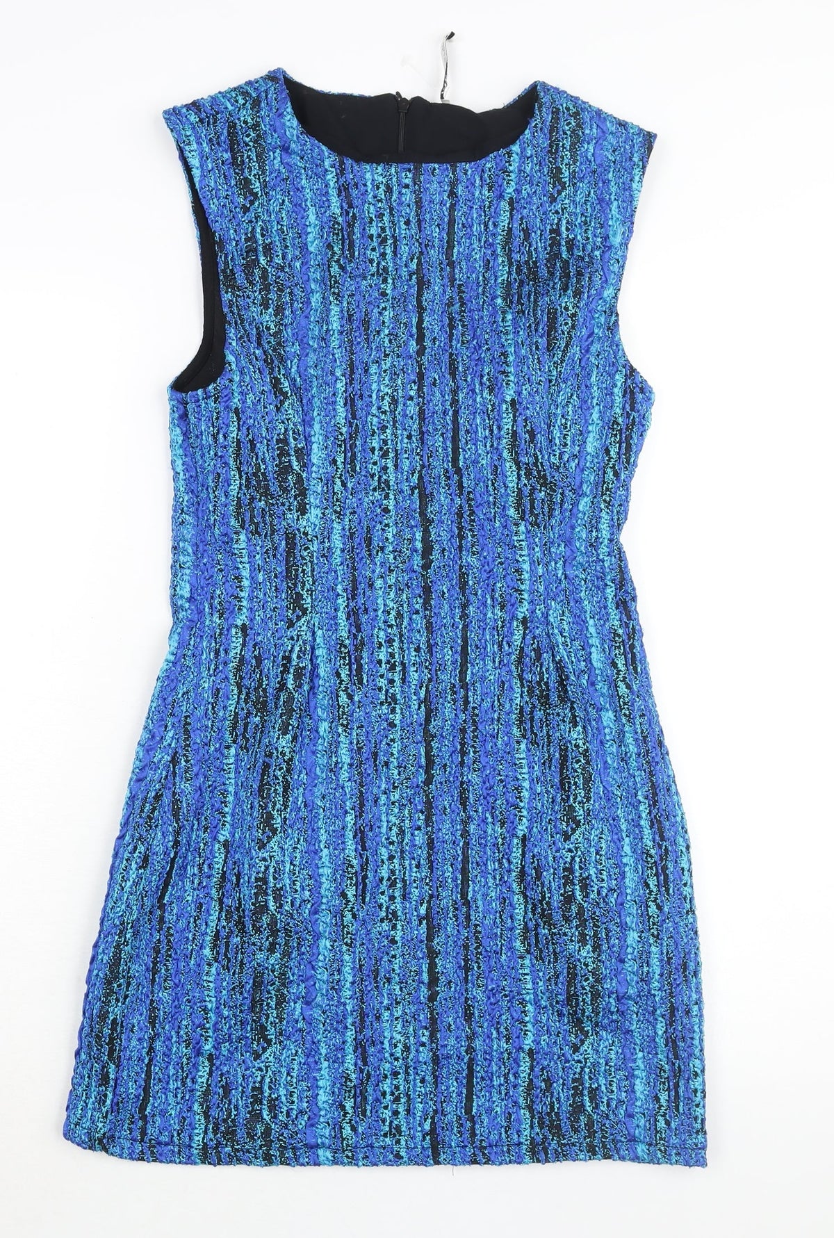 Zara Womens Blue Geometric Polyester Mini Size S Round Neck Zip - Textured