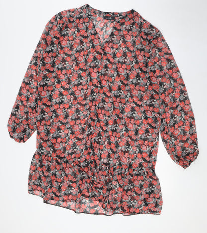 Wallis Womens Black Floral Polyester Tunic Button-Up Size 16 V-Neck - Sheer