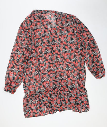 Wallis Womens Black Floral Polyester Tunic Button-Up Size 16 V-Neck - Sheer