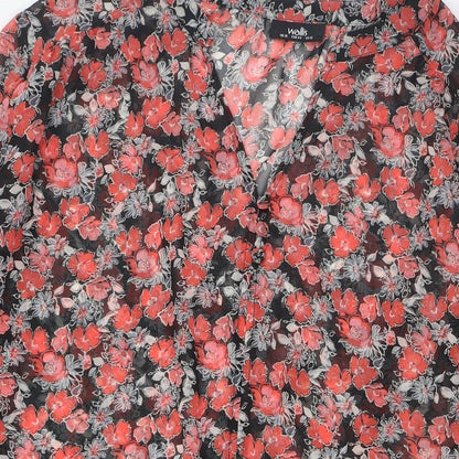 Wallis Womens Black Floral Polyester Tunic Button-Up Size 16 V-Neck - Sheer