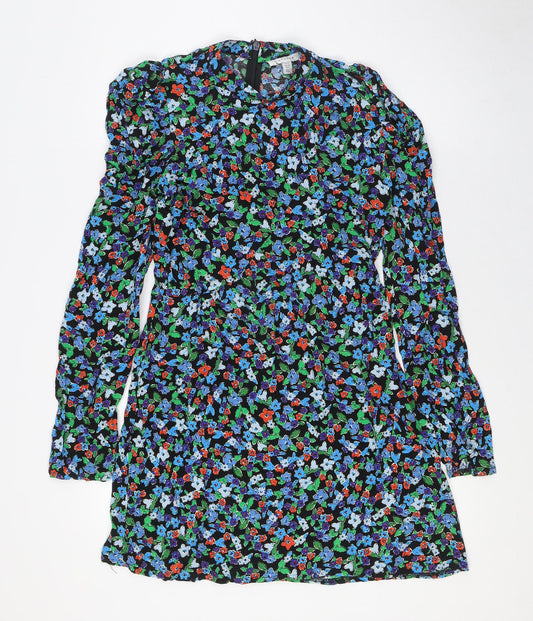 Topshop Womens Multicoloured Floral Viscose A-Line Size 8 Mock Neck Zip