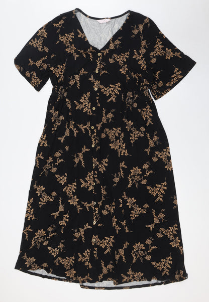 Julipa Womens Black Floral Polyester A-Line Size 8 V-Neck Button - Elasticated Waist