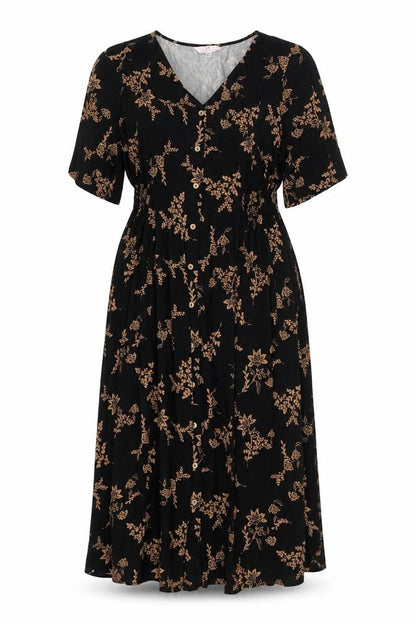 Julipa Womens Black Floral Polyester A-Line Size 8 V-Neck Button - Elasticated Waist