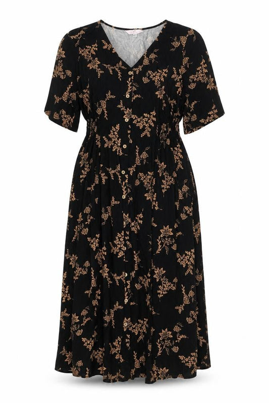 Julipa Womens Black Floral Polyester A-Line Size 8 V-Neck Button - Elasticated Waist