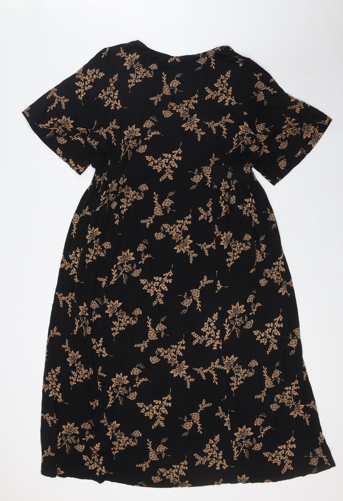 Julipa Womens Black Floral Polyester A-Line Size 8 V-Neck Button - Elasticated Waist