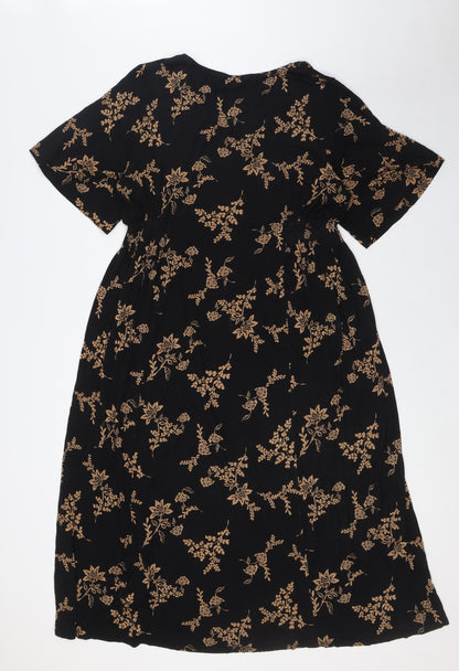 Julipa Womens Black Floral Polyester A-Line Size 8 V-Neck Button - Elasticated Waist