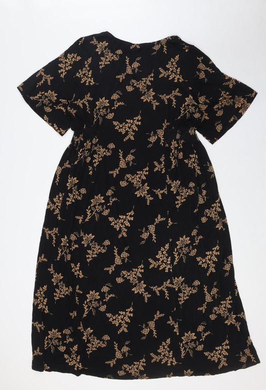 Julipa Womens Black Floral Polyester A-Line Size 8 V-Neck Button - Elasticated Waist