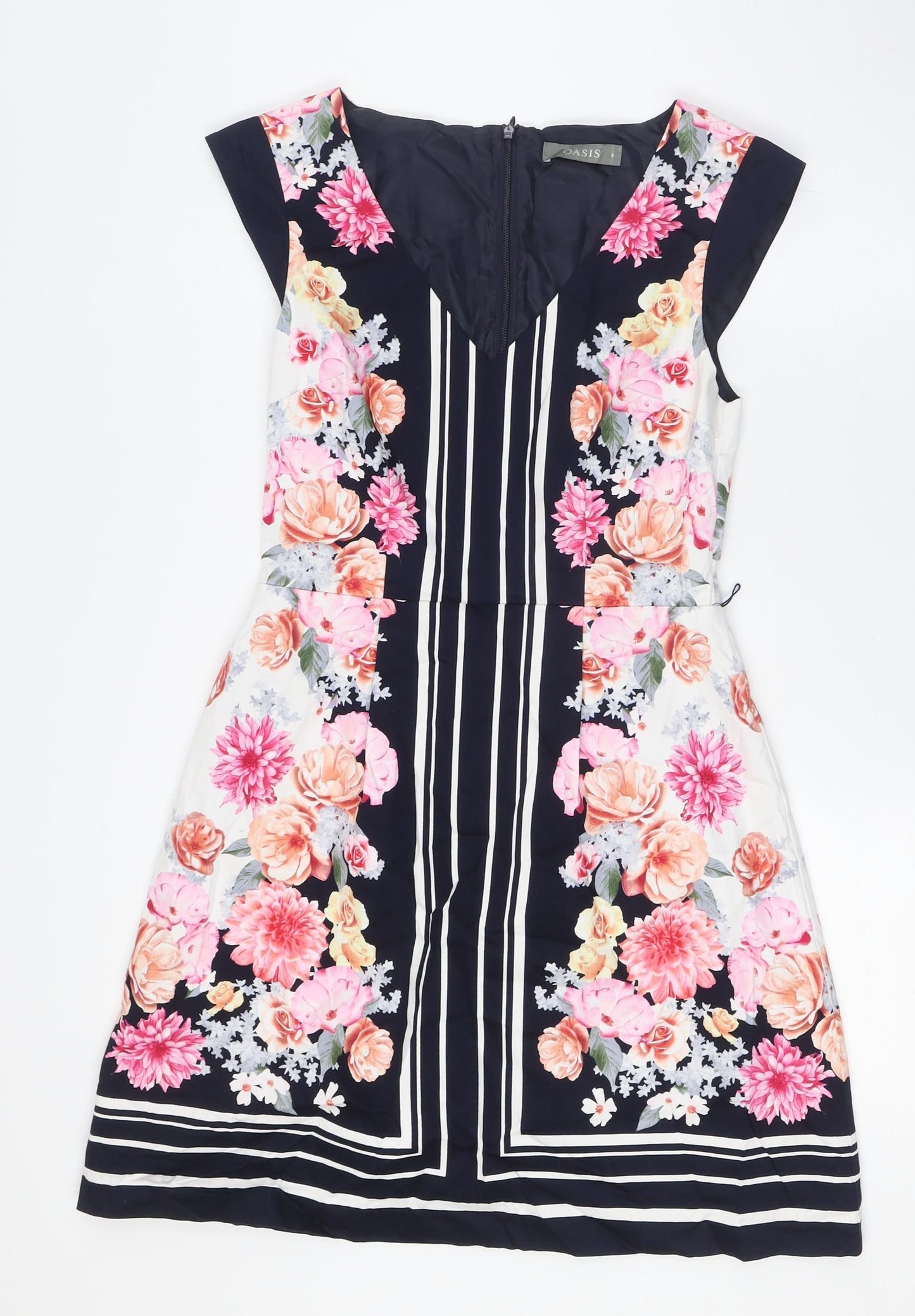 Oasis Womens Multicoloured Floral Cotton A-Line Size 8 V-Neck Zip