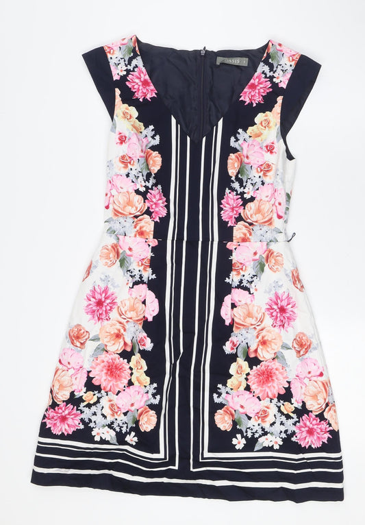 Oasis Womens Multicoloured Floral Cotton A-Line Size 8 V-Neck Zip