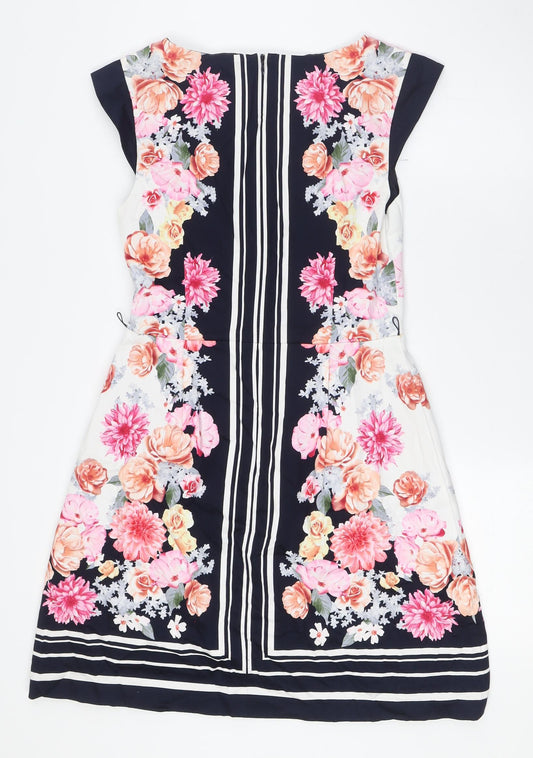 Oasis Womens Multicoloured Floral Cotton A-Line Size 8 V-Neck Zip