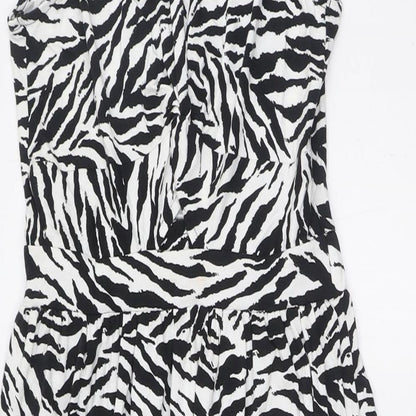 Warehouse Womens Black Animal Print Viscose A-Line Size 8 Round Neck