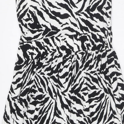 Warehouse Womens Black Animal Print Viscose A-Line Size 8 Round Neck