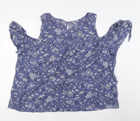 Old Navy Womens Blue Floral Cotton Basic Button-Up Size 2XL Boat Neck