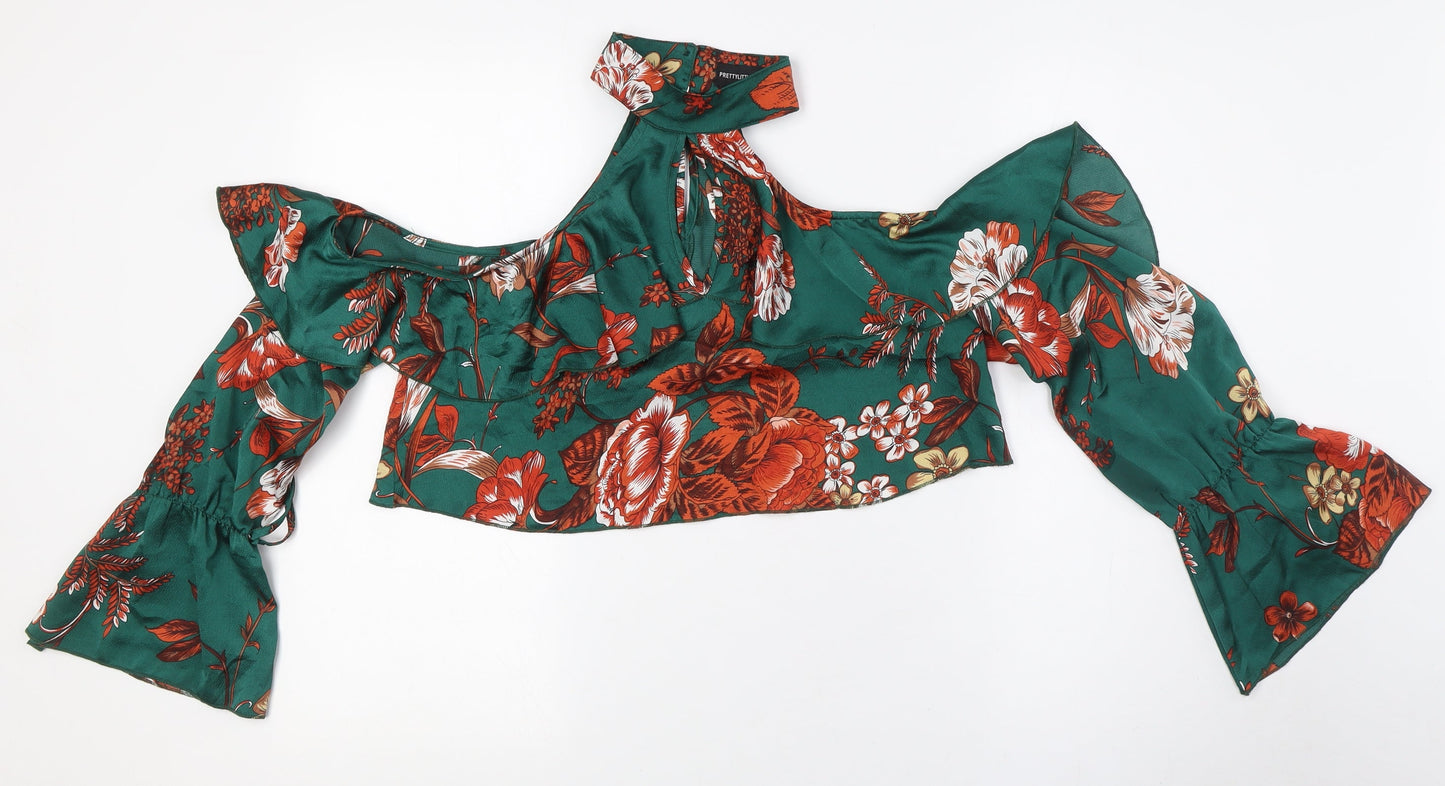 Womens UK Size 10 PRETTYLITTLETHING Green Cropped Button-Up
