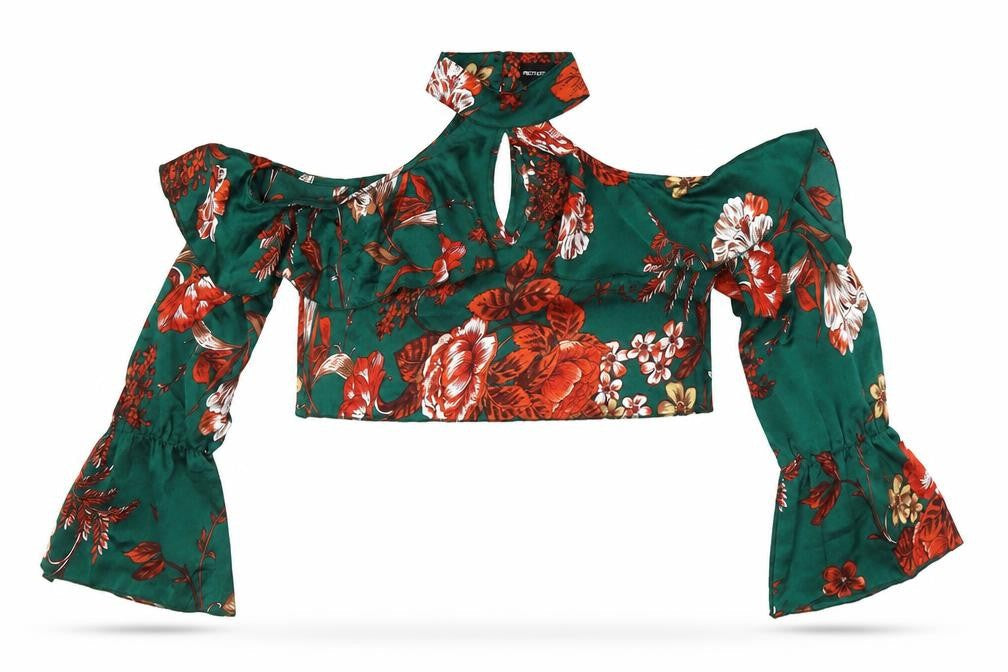 Womens UK Size 10 PRETTYLITTLETHING Green Cropped Button-Up