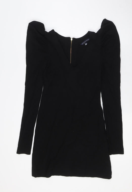 French Connection Womens Black Viscose Pencil Dress Size 6 V-Neck Zip