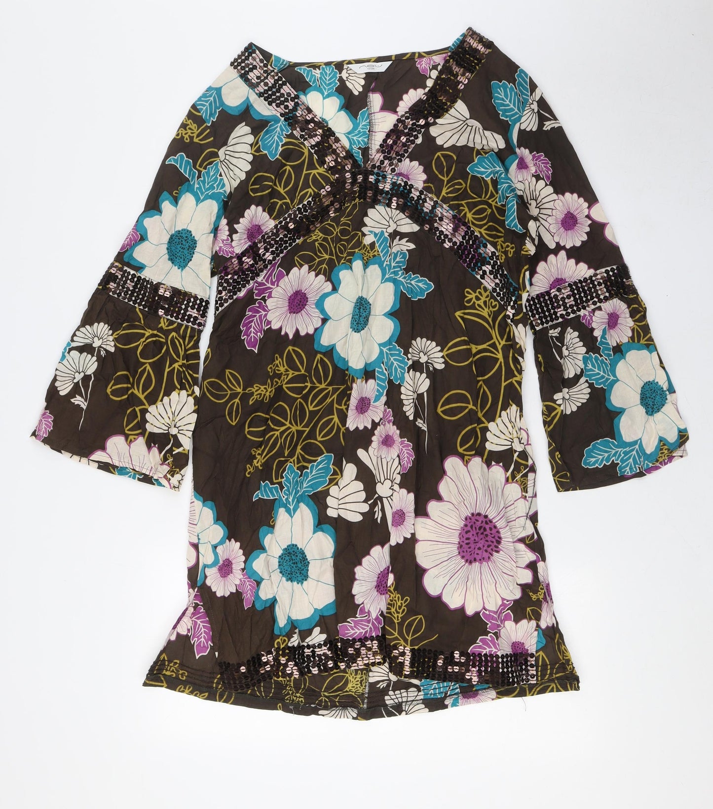 New Look Womens Multicoloured Floral Cotton A-Line Size 16 V-Neck - Sequin Embellished Neck
