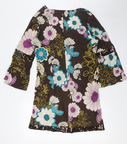 New Look Womens Multicoloured Floral Cotton A-Line Size 16 V-Neck - Sequin Embellished Neck