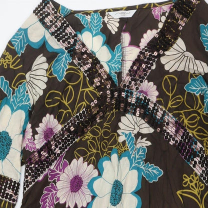 New Look Womens Multicoloured Floral Cotton A-Line Size 16 V-Neck - Sequin Embellished Neck