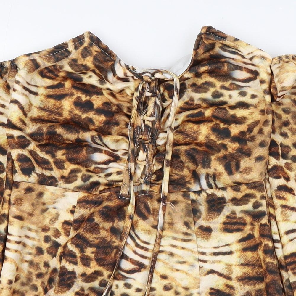 PRETTYLITTLETHING Womens Beige Animal Print Polyester Bodycon Size 6 Off the Shoulder Zip - Tie Up Front