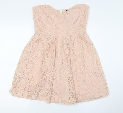 Boohoo Womens Pink Polyester A-Line Size 8 Off the Shoulder Zip - Lace Overlay