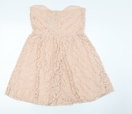 Boohoo Womens Pink Polyester A-Line Size 8 Off the Shoulder Zip - Lace Overlay