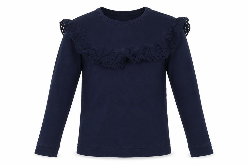 Front view of Vertbaudet girls’ blue cotton basic t-shirt, size 10, years crew neck - ruffle collar