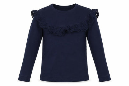 Front view of Vertbaudet girls’ blue cotton basic t-shirt, size 10, years crew neck - ruffle collar