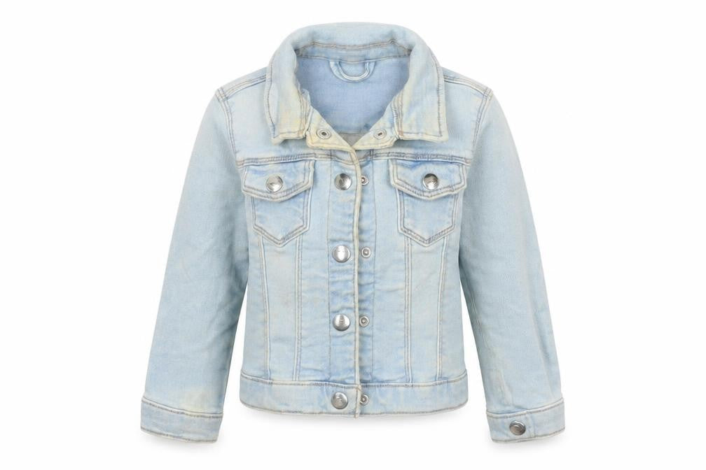 Front view of Matalan girls’ blue jacket, size 2-3, years snap - distressed look