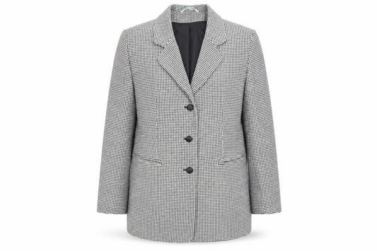Front view of Canda women’s black check jacket blazer, size UK 16, button - vintage