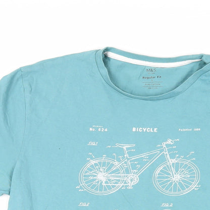 Marks and Spencer Mens Blue Cotton T-Shirt Size S Crew Neck - Bicycle Print