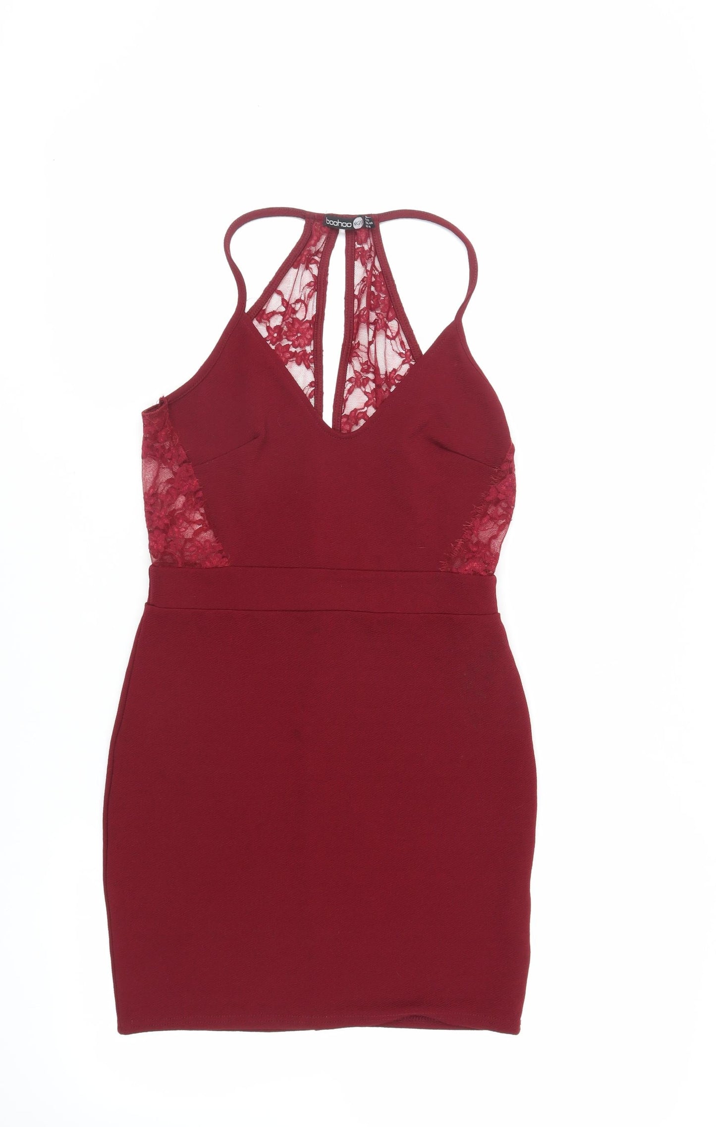 Boohoo Womens Red Polyester Mini Size 12 Scoop Neck Pullover - Lace Detail