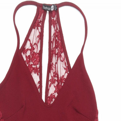 Boohoo Womens Red Polyester Mini Size 12 Scoop Neck Pullover - Lace Detail