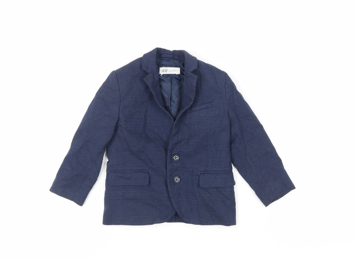 Additional front view of H&M boys’ blue plaid jacket blazer, size 2-3, years button