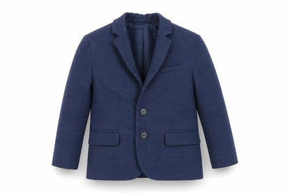 Front view of H&M boys’ blue plaid jacket blazer, size 2-3, years button