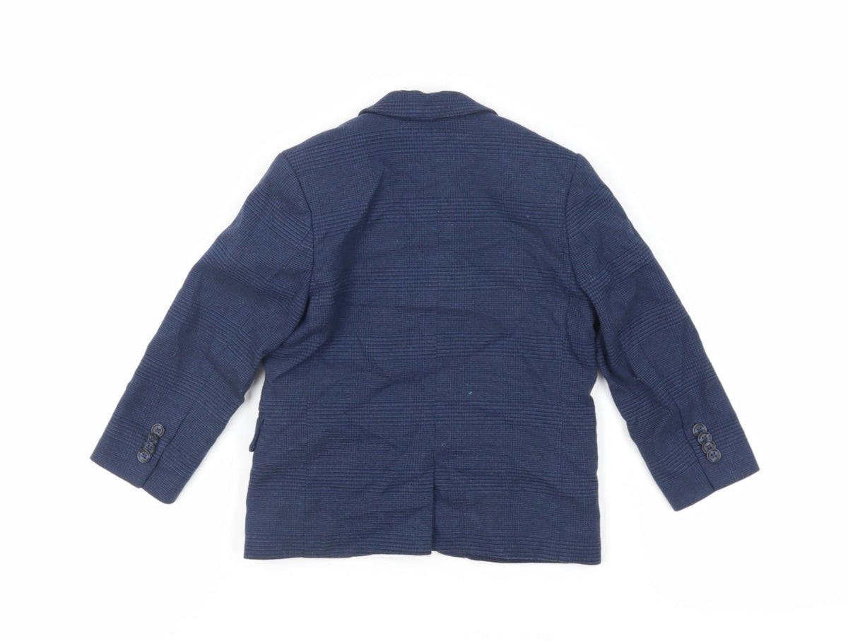 Back view of H&M boys’ blue plaid jacket blazer, size 2-3, years button