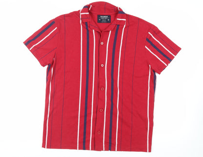 Pull&Bear Mens Red Striped Polyester Button-Up Size L Collared Button