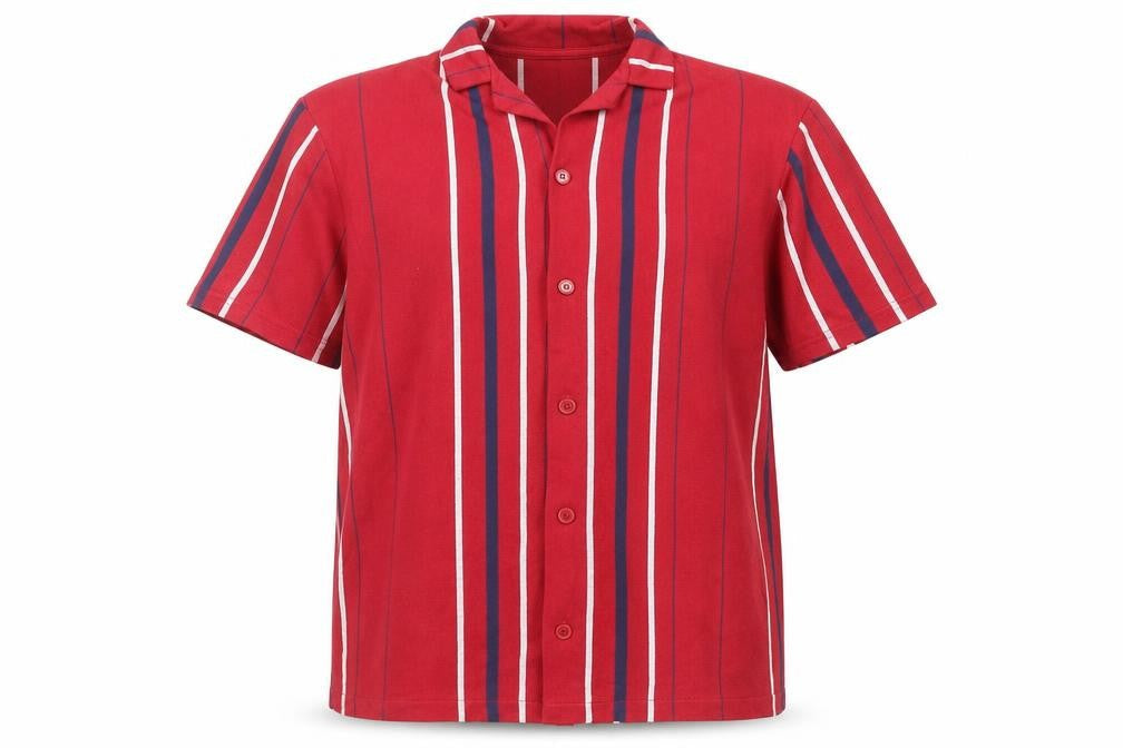 Front view of Pull&Bear men’s red striped polyester button-up, size L, collared button