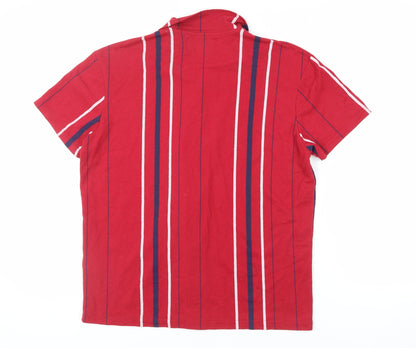 Pull&Bear Mens Red Striped Polyester Button-Up Size L Collared Button